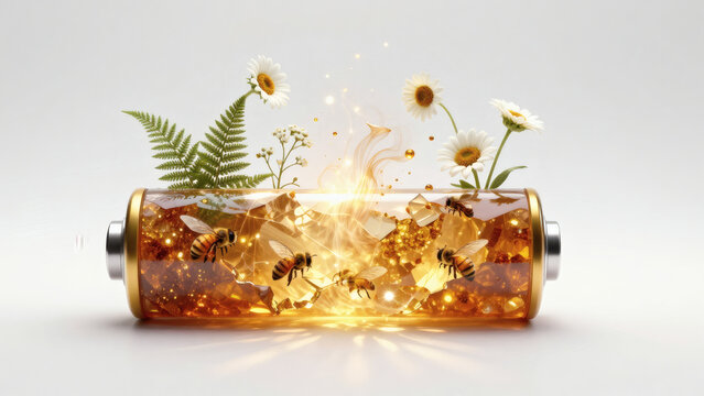 Concept batterie miel et abeilles repr&eacute;sentant &eacute;nergie naturelle et durabilit&eacute;
