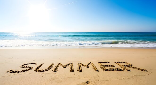 Golden beach summer vibes the word 'summer' is written in the sand with a beautiful ocean backdrop and bright sunlight