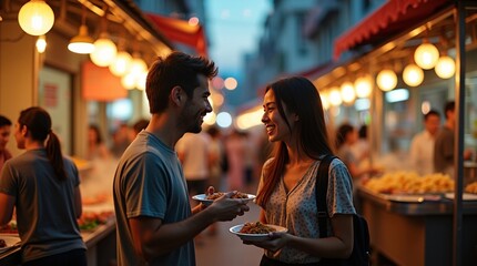 Fototapeta premium A mixed-race young couple explores a vibrant street food market in a Southeast Asian city at dusk. Warm string lights and neon signs illuminate steaming food stalls, colorful textiles, and bustling cr