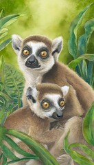 Fototapeta premium Gentle lemurs bathed in jungle light a serene watercolor wildlife illustration