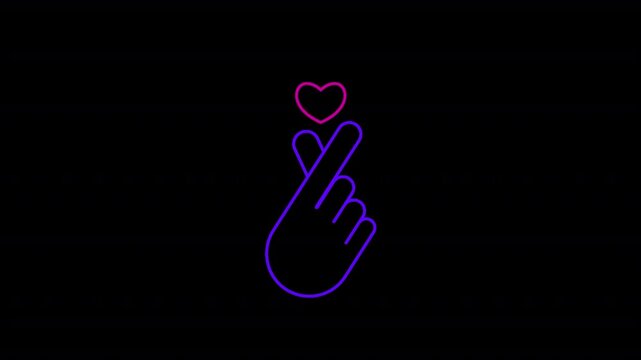 Line art animation of hand gesture forming love symbol with heart above in alpha channel 