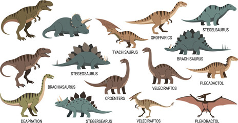 Jurassic Period Dinosaur Cartoon Vector Illustration Set with Tyrannosaurus Stegosaurus Triceratops Brachiosaurus Velociraptor Prehistoric Animal Collection for Kids Education Design Projects © Shilpi