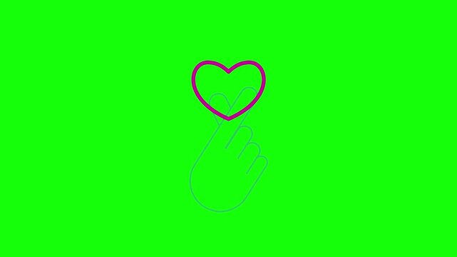 Line art animation of hand gesture forming love symbol with heart above in green screen background 