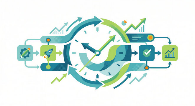 A futuristic upscaled 3x clock flows with arrows and graphs in business process.