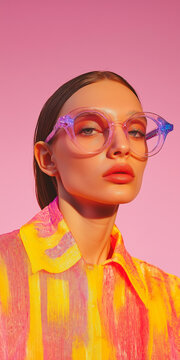 Stylish fashion model wearing oversized translucent glasses in vibrant studio lighting. Modern beauty editorial image for branding and advertising.