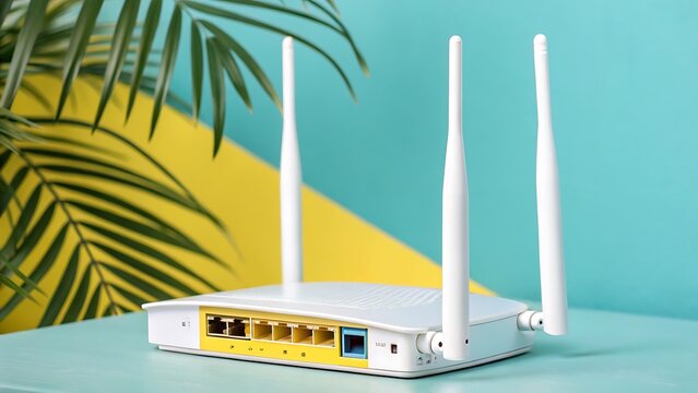 White wireless router with three antennas on colorful background