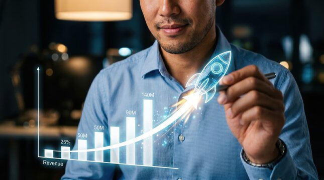 Man drawing a rocket ship on a futuristic holographic display showing business growth chart with holding pen augmented reality start up business progress hologram futuristic technology