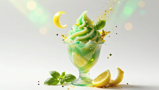 Coupe glace soft serve citron basilic paillettes or fond blanc