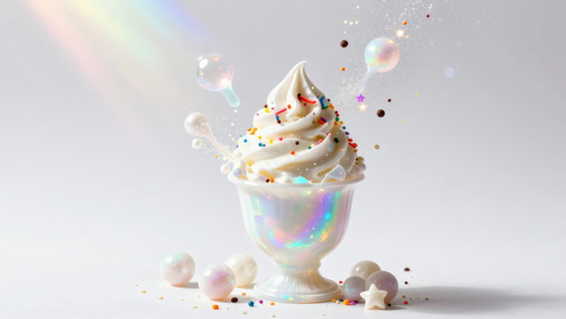 Glace soft serve fantaisiste bol holographique bulles flottantes et paillettes color&eacute;es
