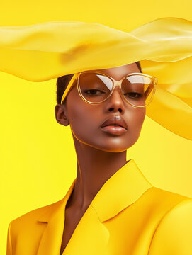 Stylish portrait of woman in monochrome yellow suit with oversized glasses and flowing fabric hat. Bold luxury fashion image for branding campaign and editorial design.