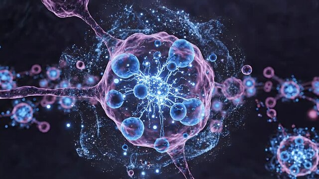 A vibrant, abstract digital illustration depicts a network of interconnected, glowing cells against a dark, cosmic background, suggesting complex biological processes.