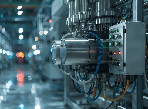 PLC Control Panel Interface with Blurred Industrial Automation Background