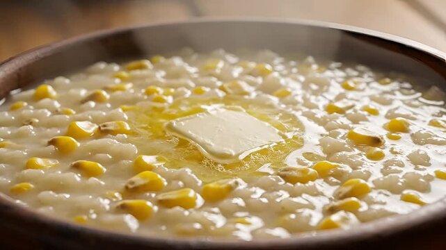 Closeup of Creamy Corn Chowder with Butter Melting in a Bowl.