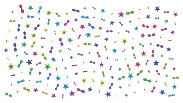 multicolor star confetti floating shiny gradient particles arranged in dynamic random pattern for party celebration packaging textile print
