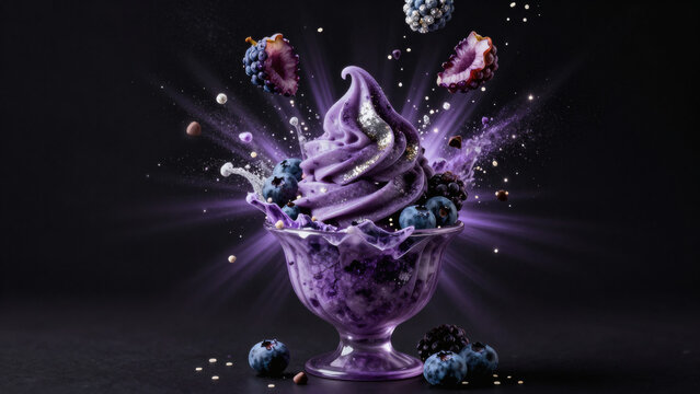 Glace soft serve aux baies violettes dans bol avec myrtilles et m&ucirc;res flottantes