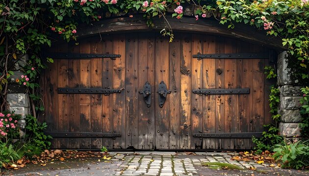 Large wooden gate with rustic metal hardware, surrounded by lush greenery and soft pink flowers in a stone wall