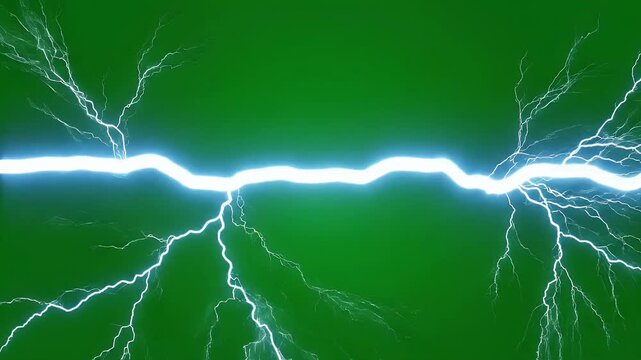 A vibrant green background is dramatically illuminated by a bright, jagged bolt of electric lightning.