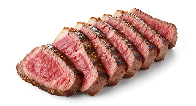 Juicy seared sliced beef steak seasoned with pepper and salt presented on a white background