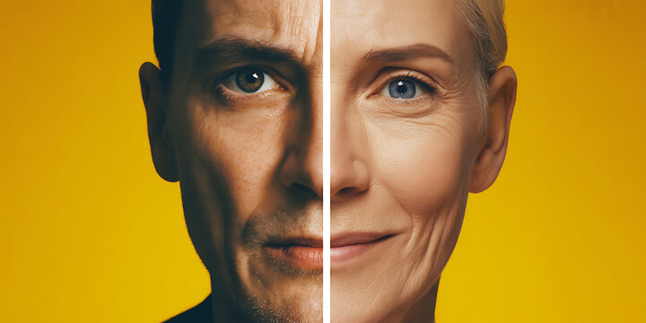 Man and woman faces side by side on yellow background showing aging effects