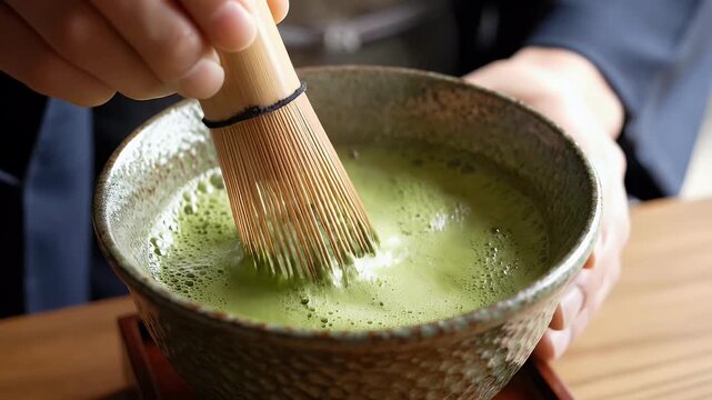 A person carefully whisks vibrant green matcha powder into hot water within a rustic ceramic bowl, creating a traditional Japanese tea preparation.