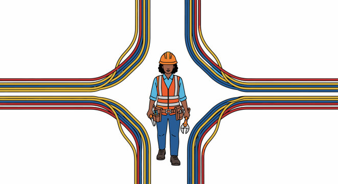 Professional woman electrician navigating a junction of diverse electrical cables, representing career paths in skilled trades and technology infrastructure.