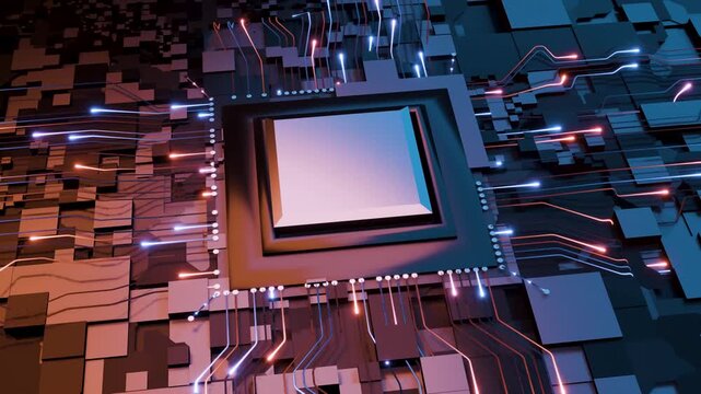 Macro 3D animation of a microchip connecting into a processor socket on a circuit board. Glowing data lines flow across the surface, representing digital connectivity and advanced computing technology