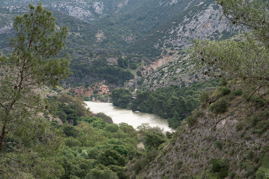 R&iacute;o Guadalhorce con paisaje verde en el entorno del Caminito del Rey