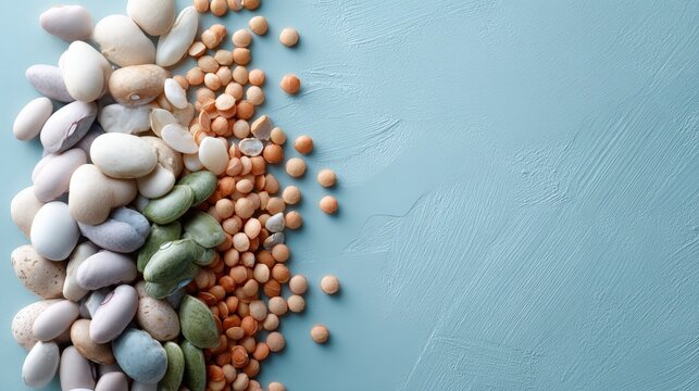 Colorful beans and lentils composition on pastel background