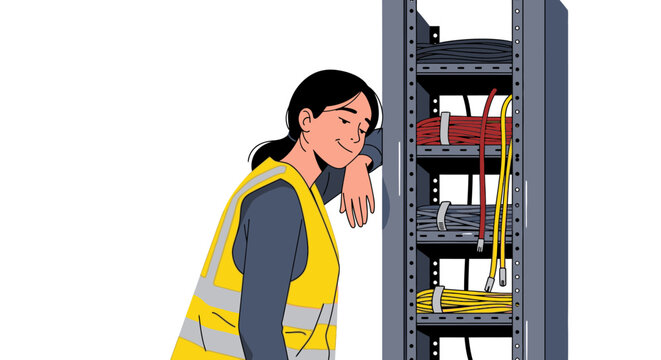 Young woman in safety vest resting her head on a server rack, exhausted after long work hours
