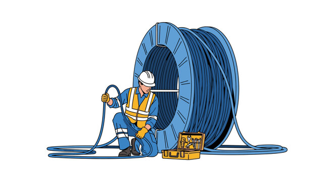 Construction worker in hard hat and vest handling a large industrial cable spool with tools nearby