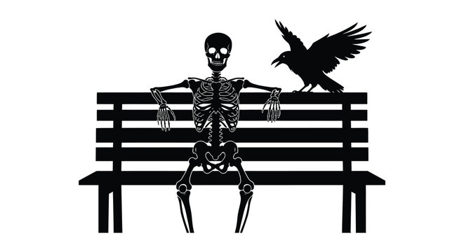skeleton sitting on bench with crow silhouette high quality professional detailed modern elegant stylish clean crisp vibrant colorful digital creative innovative