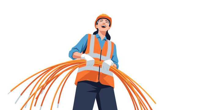 Female technician in safety gear, holding fiber optic cables, representing advanced connectivity, network infrastructure, and future communication.