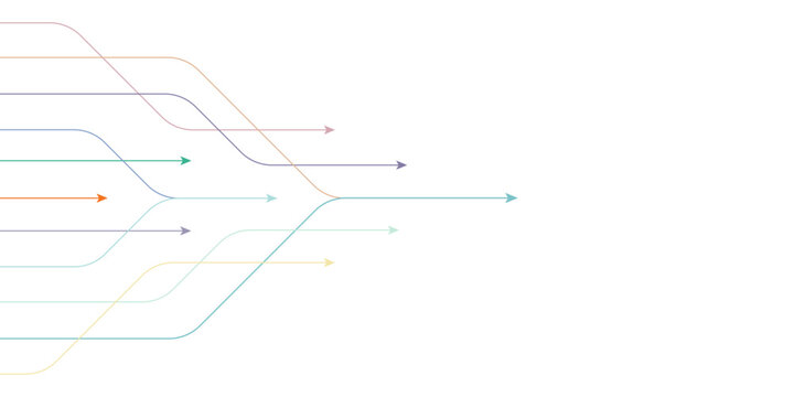Minimalist abstract data flow vector, colorful geometric lines merging into a single path, modern technology connectivity concept on white background