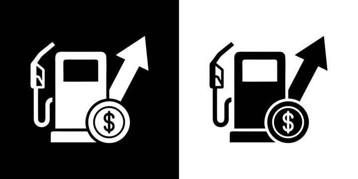 Gas price increase icon with fuel pump upward arrow and dollar coin financial concept