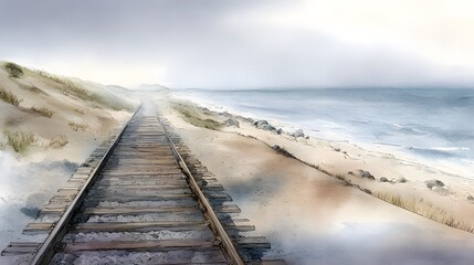 Fototapeta premium Serene watercolor railway illustration blending sea dunes and rails a tranquil coastal landscape