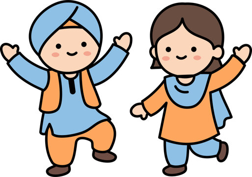 Happy Punjabi Kids in Traditional Indian Outfits Cartoon Illustration