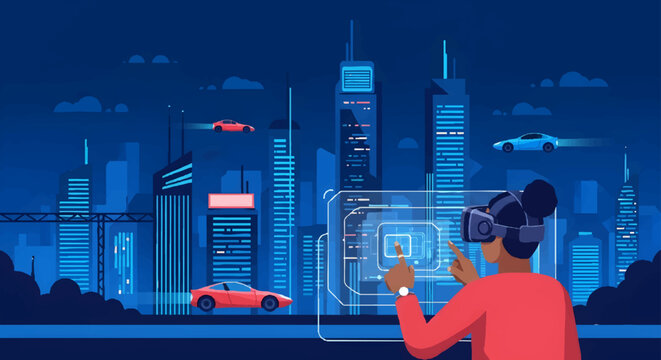 Person wearing VR headset interacting with futuristic cityscape at night