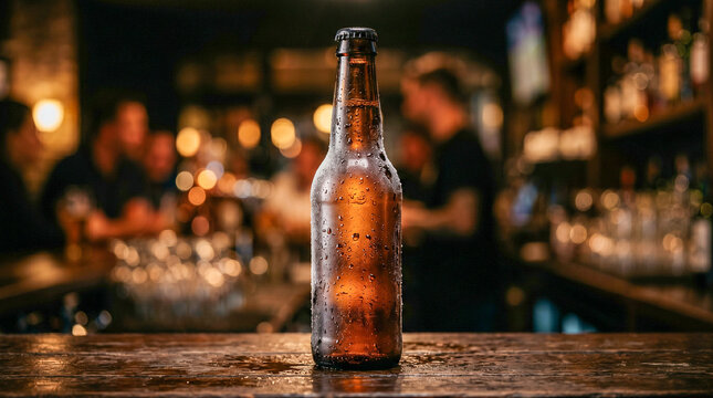 Botella de cerveza helada con gotas de agua, fondo oscuro desenfocado, luz dram&aacute;tica, estilo publicitario premium.