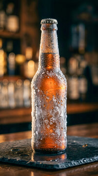 Botella de cerveza helada con gotas de agua, fondo oscuro desenfocado, luz dram&aacute;tica, estilo publicitario premium.