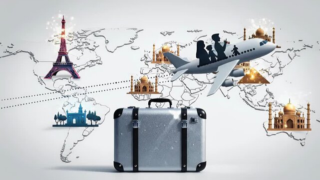 A creative composite image depicts a couple flying towards iconic landmarks like the Eiffel Tower, Taj Mahal, and Colosseum, symbolizing global travel and adventure with a suitcase.