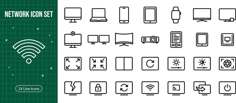 Collection of modern technology and network icons for digital communication and connectivity