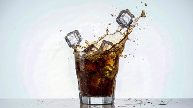Vaso de refresco con splash de l&iacute;quido y hielo saltando, fondo limpio, alta velocidad, iluminaci&oacute;n brillante.