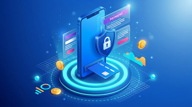 Secure online payment with smartphone credit card and padlock on blue background symbolizing safe e commerce and digital banking transactions