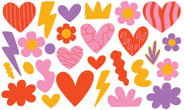 Colorful Heart Love Doodle Pattern with Flowers Lightning and Cute Shapes for Valentine Design and Romantic Background Use