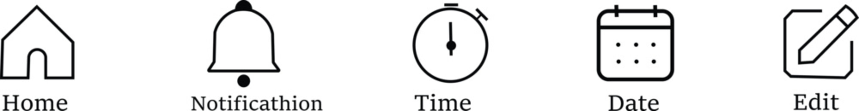 Black line icons for user interface and mobile app navigation  home notification time date and edit  on white background