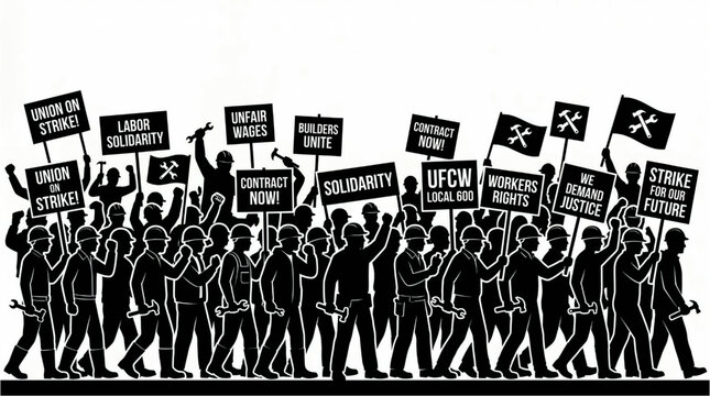 union protest silhouette with signs and workers