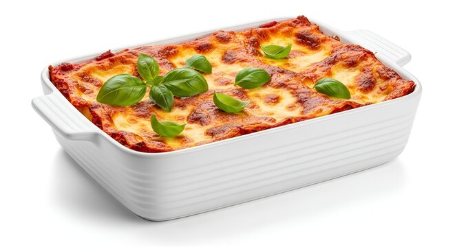 Freshly Baked Homemade Lasagna in White Ceramic Casserole Dish Garnished with Basil Leaves