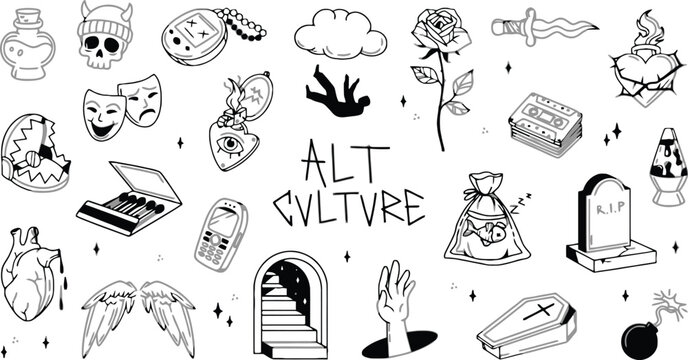 A collection of hand-drawn black and white gothic and emo style on a black background