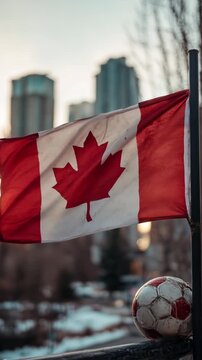 soccer ball with canadian flag with cityscape &ndash; concept for world cup and mls