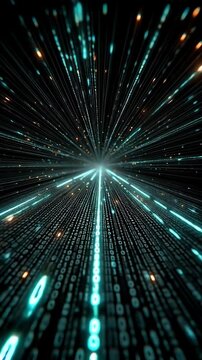 Visualization of a 4K digital tunnel with trigonometric lines and data codes in a futuristic, high-tech environment with a dark background and blue and orange lights.
